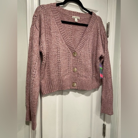 NWT Derek Heart Size M Oversized Cropped V Neck Pointelle Cardigan Lilac Purple - Picture 3 of 12